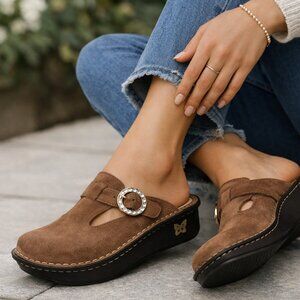 Alegria Brown Suede Mules with Black Sole